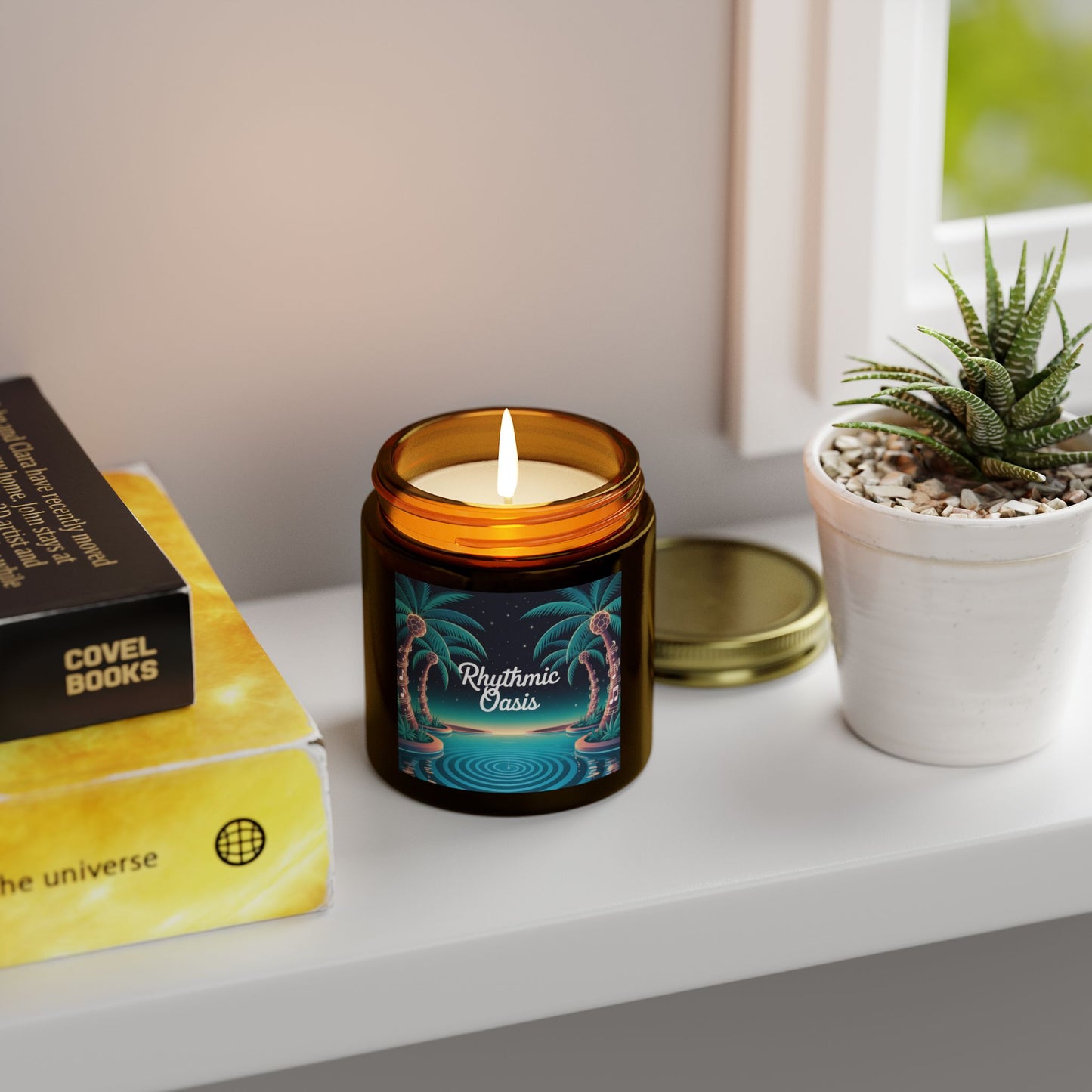 Scented Candles - Rhythmic Oasis, Relaxing Aromatherapy, Home Decor, Gift for All Occasions, Coconut Apricot Wax, Palm Tree Design