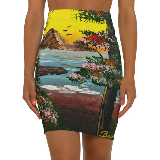 Vibrant Art Pencil Skirt, Artistic Mid-Waist Skirt, Floral Print Skirt, Summer Fashion, Beachwear, Gift for Her